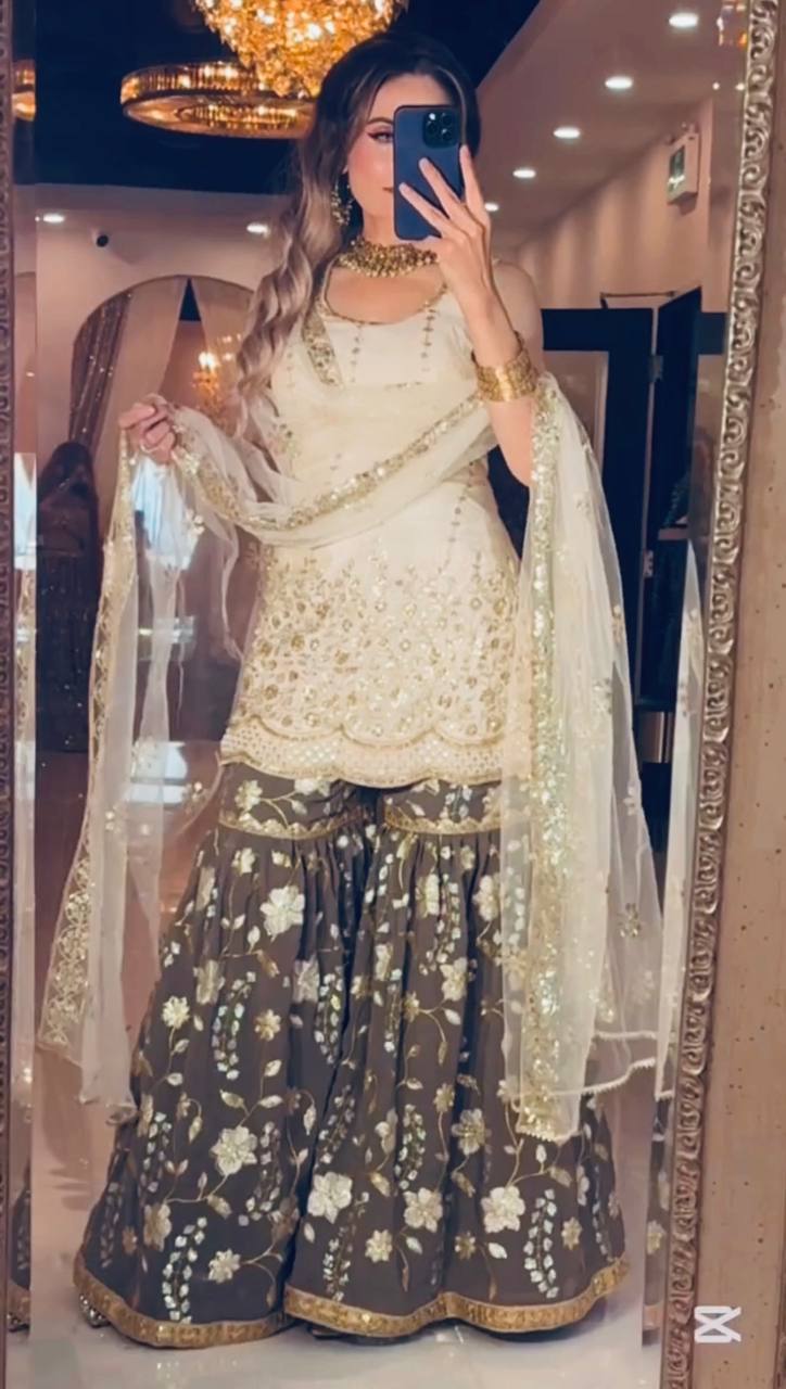 Modern Ivory & Dark Bronze Flared Silk Set